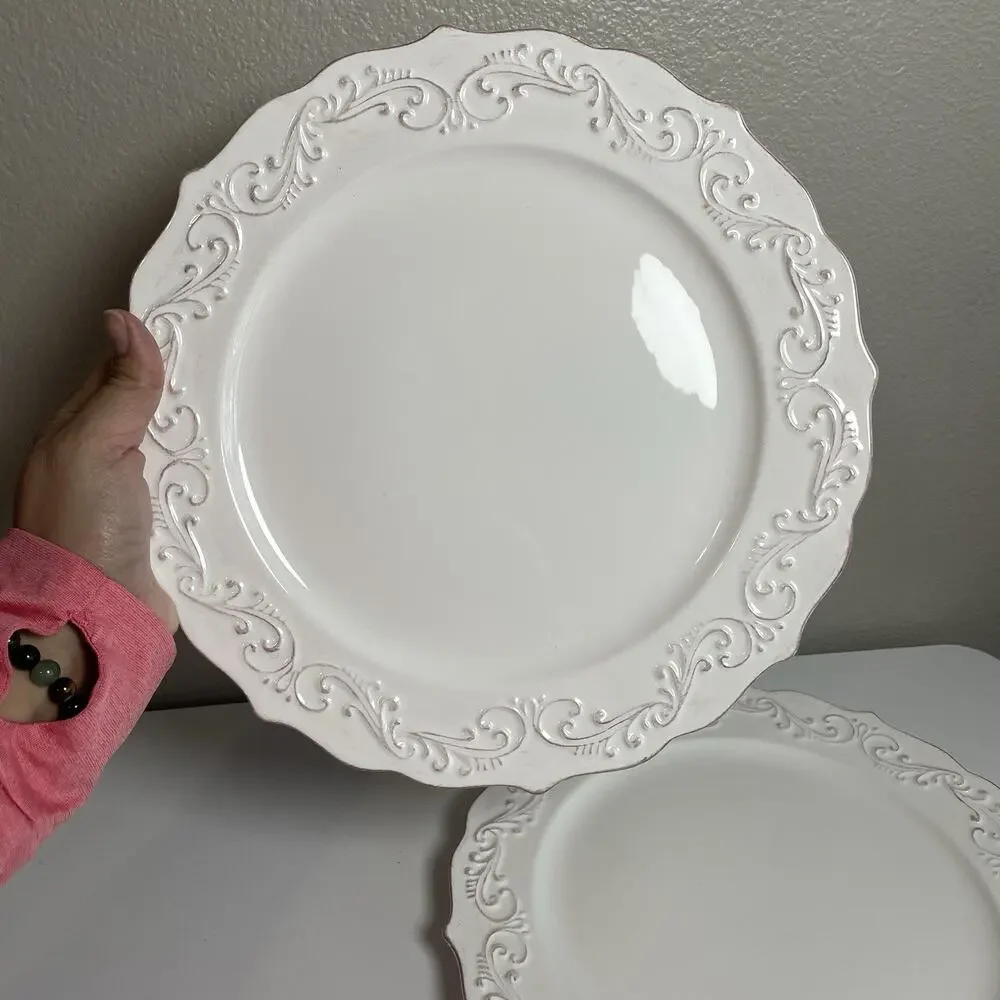 Pier 1 Imports Antique Scroll Stoneware Dinner Plates 11in Discontinued Set of 2